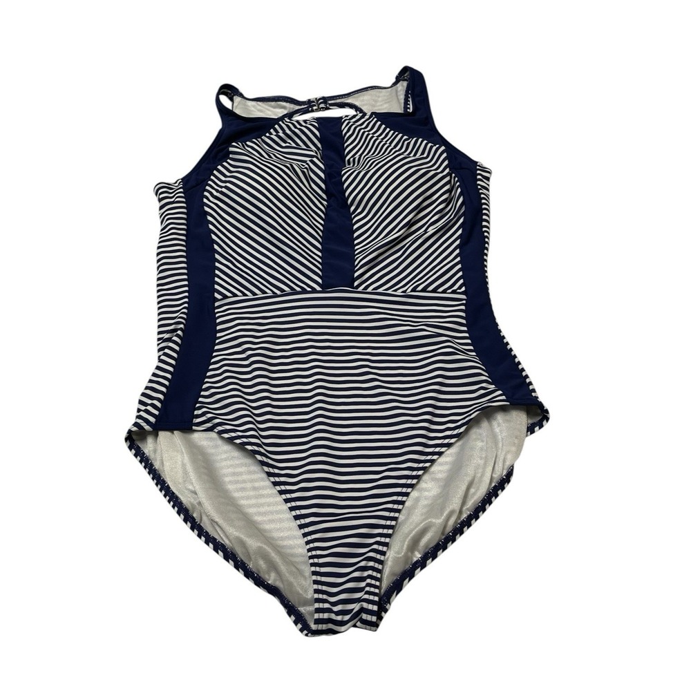 Talbots Swimsuit Blue White Striped High Neck One Piece 16 Nautical Coastal